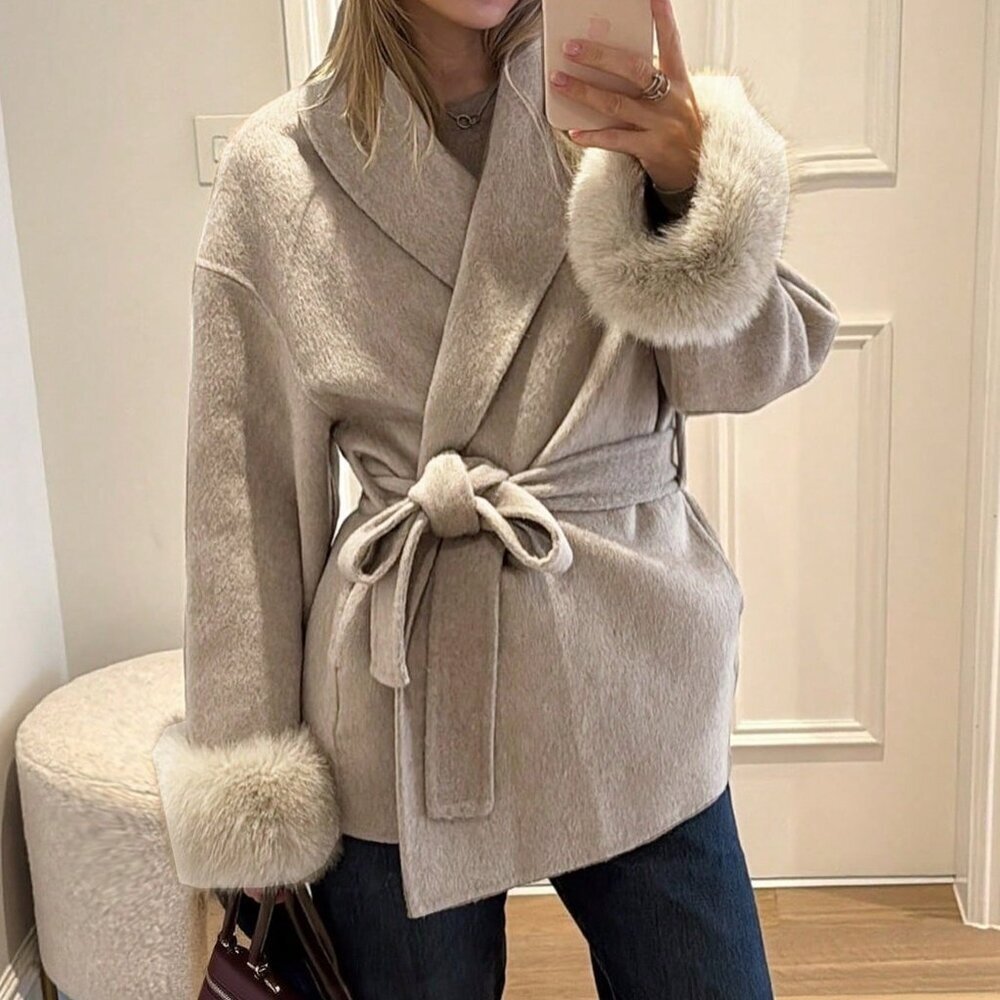 Khaki Casual Women's Elegant Long Sleeve  Faux Fur trimmed Warm jacket Coat - Picture 5 of 9
